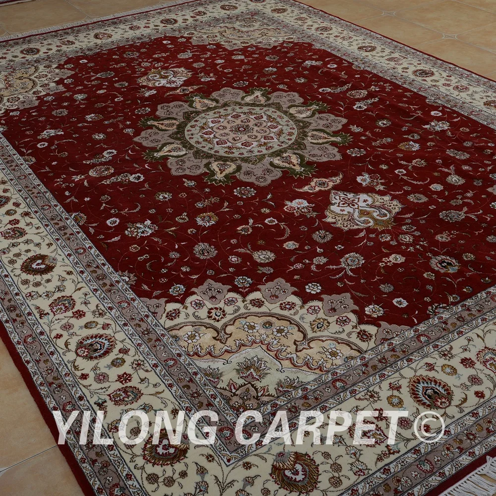 Goedkoop Yilong 10'x14' Handgemaakte Rode En Beige Wol Karpetten Prachtige Moderne Wol Zijde Tapijt (1506)