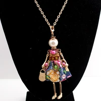 charm statement flower doll necklace long gold chain dress handmade french doll pendant news alloy girls women fashion jewelry