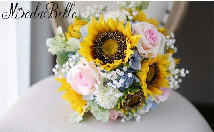 modabelle Sunflower Wedding Bouquet Yellow Pink Artificial Bridal Lace Brides Brooch Bouquets Accessoire Mariage | Свадьбы и