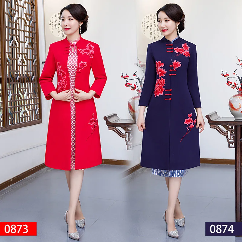 Новое поступление осень зима Китайская традиционная Женская 2 шт Qipao шерсть чеонгсам Новинка китайское торжественное платье Размер M L XL XXL
