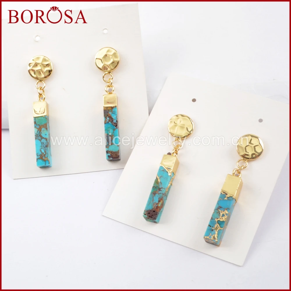 

BOROSA 5Pairs Fashion Gold Color Copper Turquoises Natural Blue Stone Cuboid Bar With Gold Coin Earrings Jewelry for Women G1630