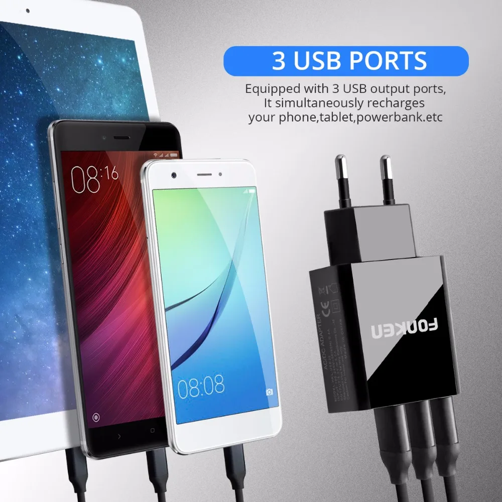 FONKEN, 3 порта, USB зарядное устройство, светодиодный дисплей, быстрое зарядное устройство, Макс. 3 А, универсальный настенный адаптер для путешествий, зарядное устройство для мобильного телефона