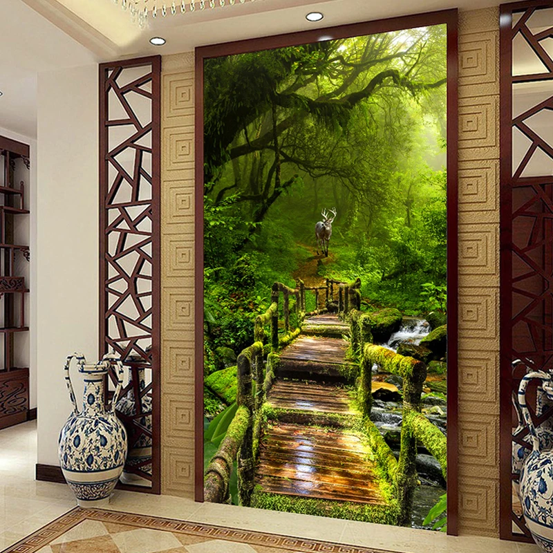 Фотообои на заказ объемные обои с изображением девичьего леса деревянной доски