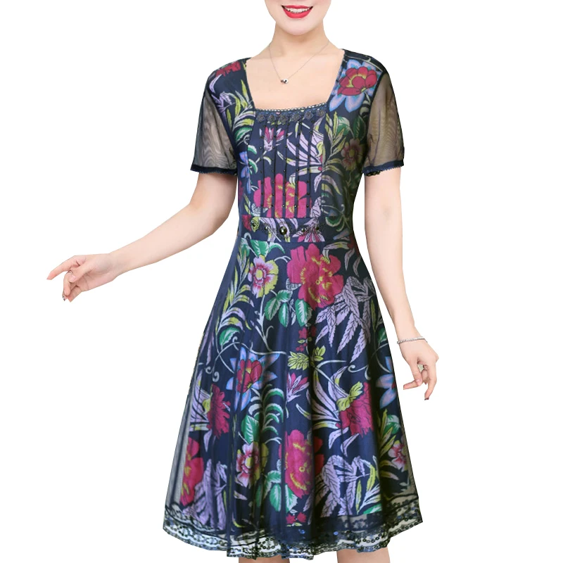 2017 лето dress женщины нью среднего возраста печати короткими рукавами большой