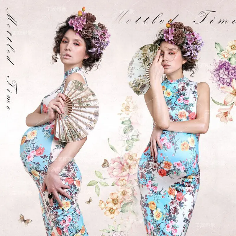 New Maternity clothing for pregnant women Photography Props Fashion Chinese Cheongsam Flower Dress Pregnancy set Photo shoot