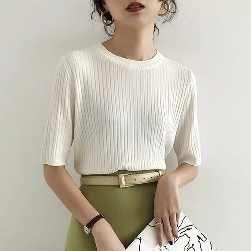 Трикотажная футболка Женская корейская мода лето уличный шик синяя Студенческая