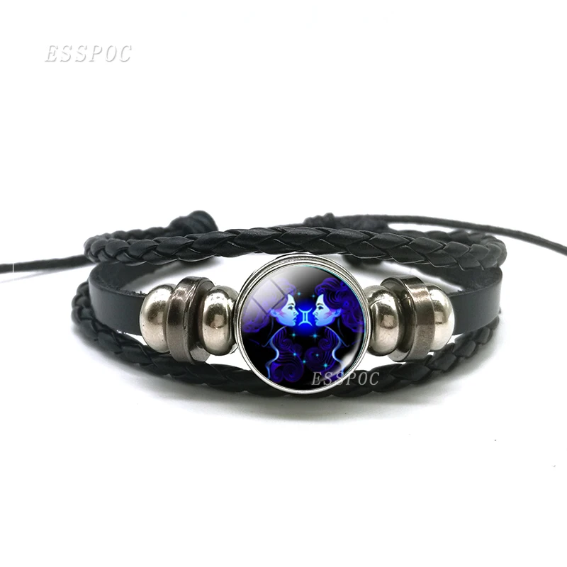Gemini 12 Созвездие Близнецы раковые Leo Virgo Libra Scorpio Черный Кожаный Браслет Зодиак стеклянный браслет из кабошона для мужчин и женщин - Окраска металла: Gemini