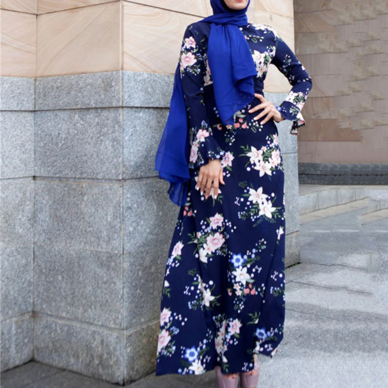 Элегантное женское платье макси с цветочным принтом мусульманское в стиле ретро