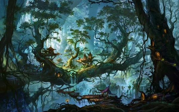 fantasy art artwork village forest trees waterfall Home Decoration Canvas Poster | Дом и сад