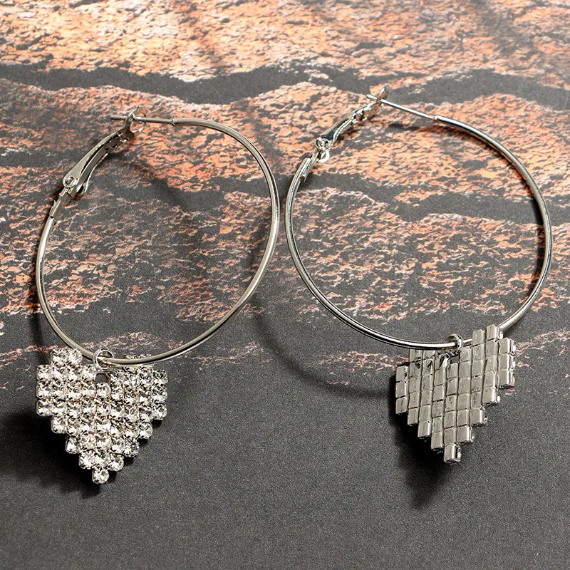 New European and American Style Fashion Simple Personality Alloy Large Circle Mosaic Crystal Heart Earrings for Women | Украшения и