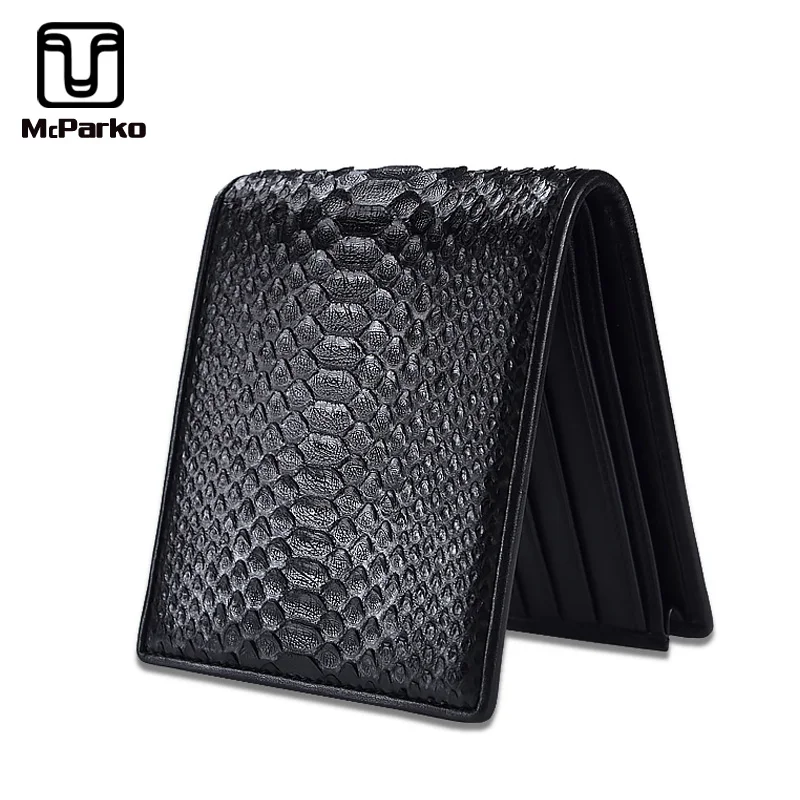 McParko Mens Luxury Wallet Genuine Leather Snakeskin Wallet Python Leather Wallet Men Small Purse Brand New Short bifold Black