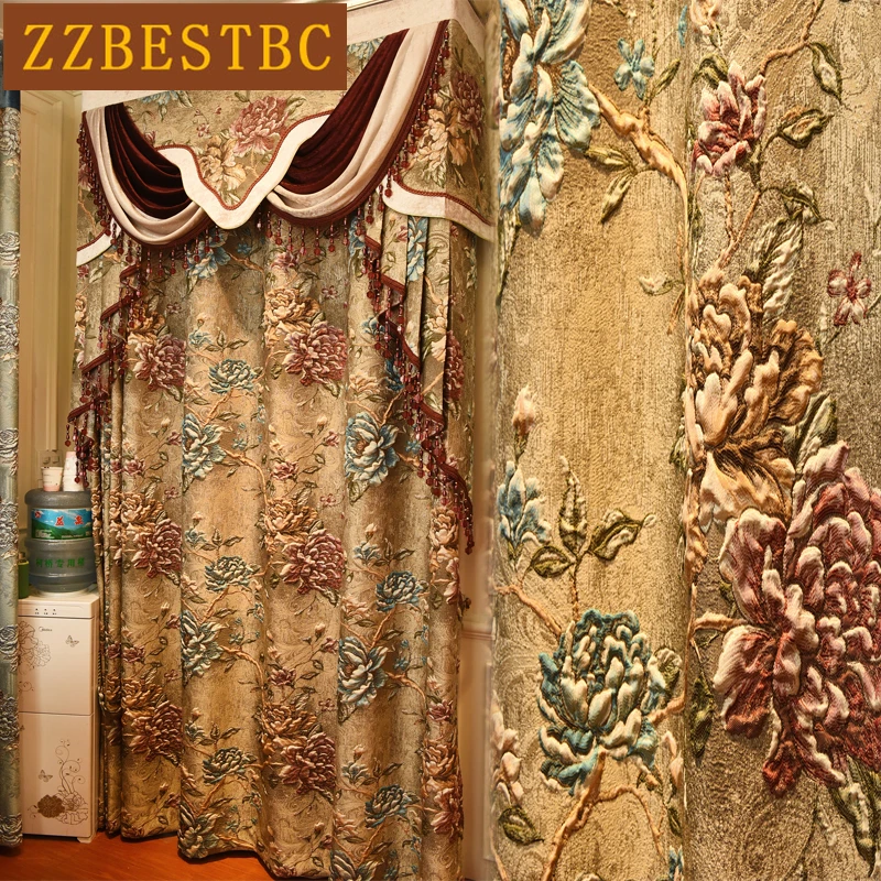 Coffee color top royal flower 3D jacquard blackout Curtains for villa hotel Living Room with elegant Voile Curtain Bedroom | Дом и сад