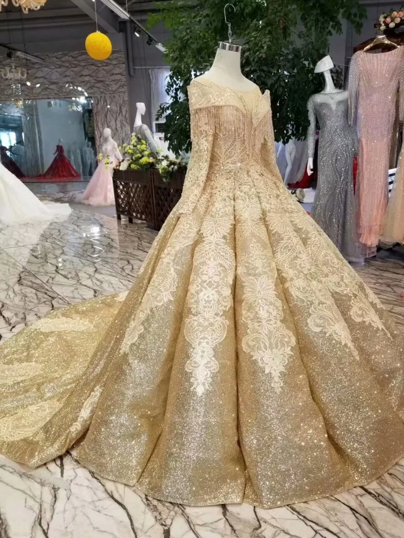 SSYFashion, новинка, роскошное Золотое свадебное платье, высокое качество, Дубай, для невесты, с длинным рукавом, кружевное, с вышивкой, блестящее, для выпускного вечера, вечерние платья