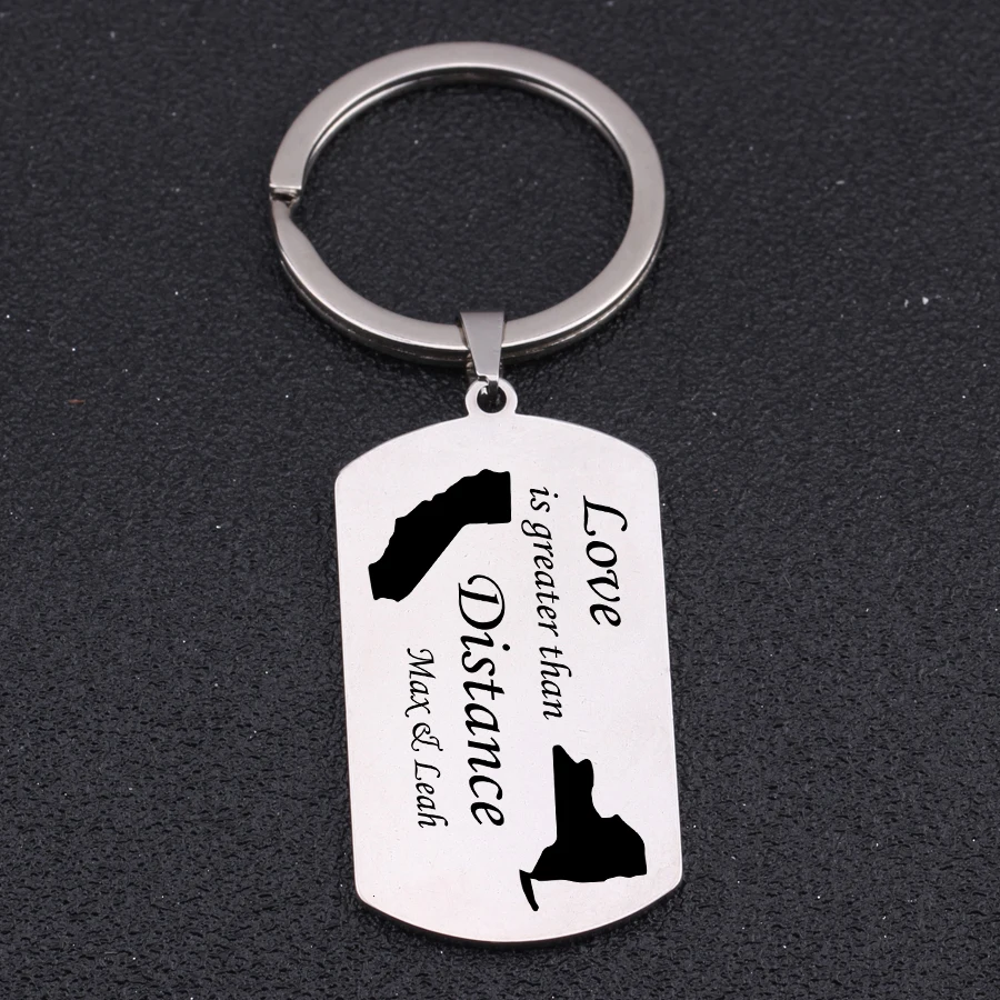 Name Customized Engraved Love Is Greater Than Distance Map Key Chains Long Keyring High Quality Keys Holder Keytag | Украшения и