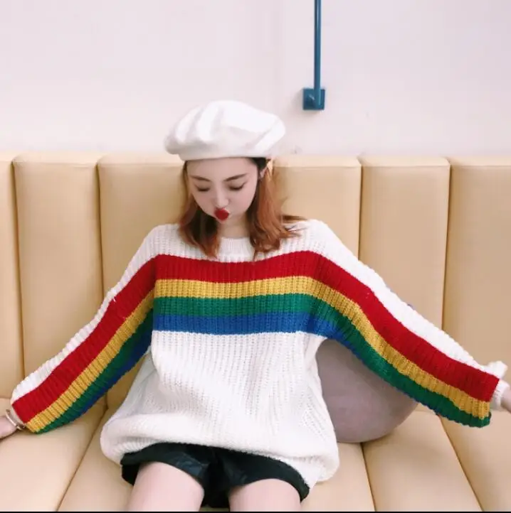 Белый Женские свитера японский Kawaii Ulzzang Свободный Полосатый цветной Радужный свитер женский корейский Harajuku одежда для женщин - Цвет: Белый