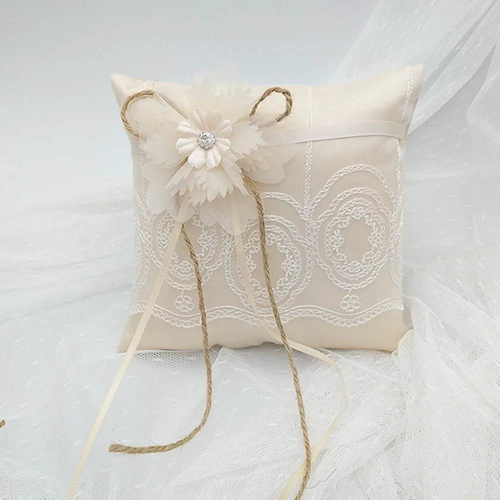 Свадебные кольца-держатели с кружевным цветком, 15x15 см, стразы для подушек, украшения для свадебных колец, подушки с бантом из ленты, вечерние украшения