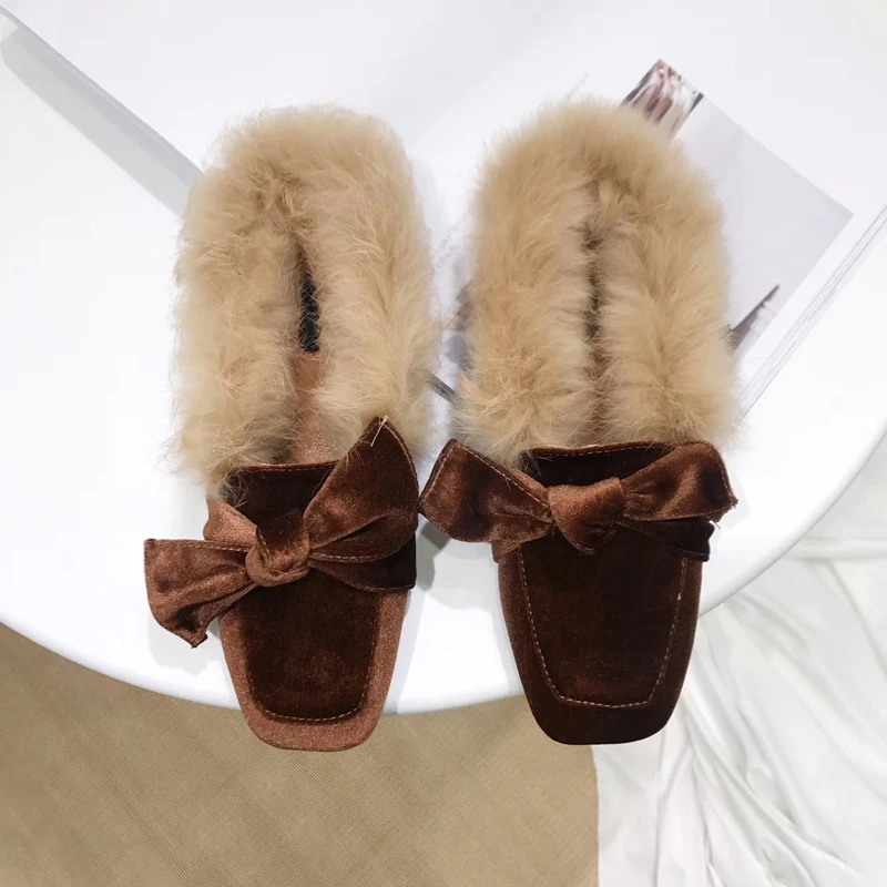 Бархат дизайнерские женские сандалии мехом Сабо перо слайды с квадратным носком