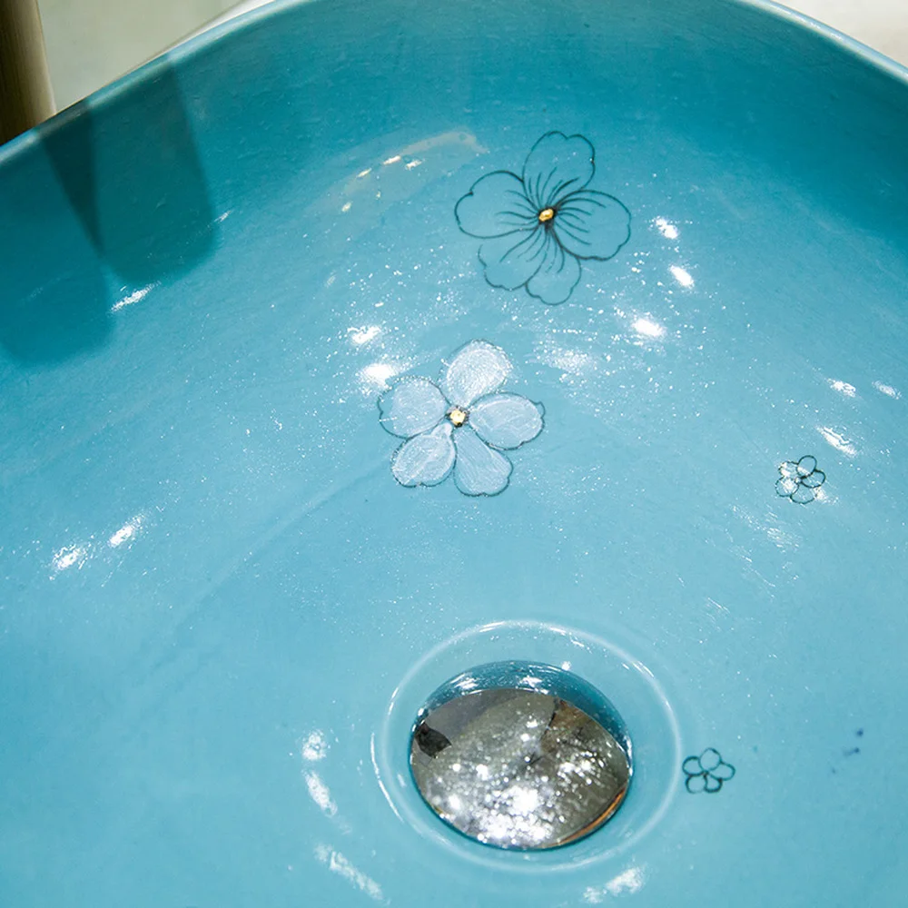 bathroom above counter basin ceramic vanity sink glaze blue flower bird LO6201128 | Обустройство дома