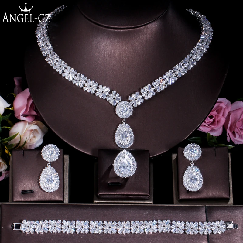 ANGELCZ высокое качество CZ ожерелье серьги браслет кольцо 4 шт. большие ювелирные наборы для роскошных свадебвечерние вечеринок аксессуары AJ124