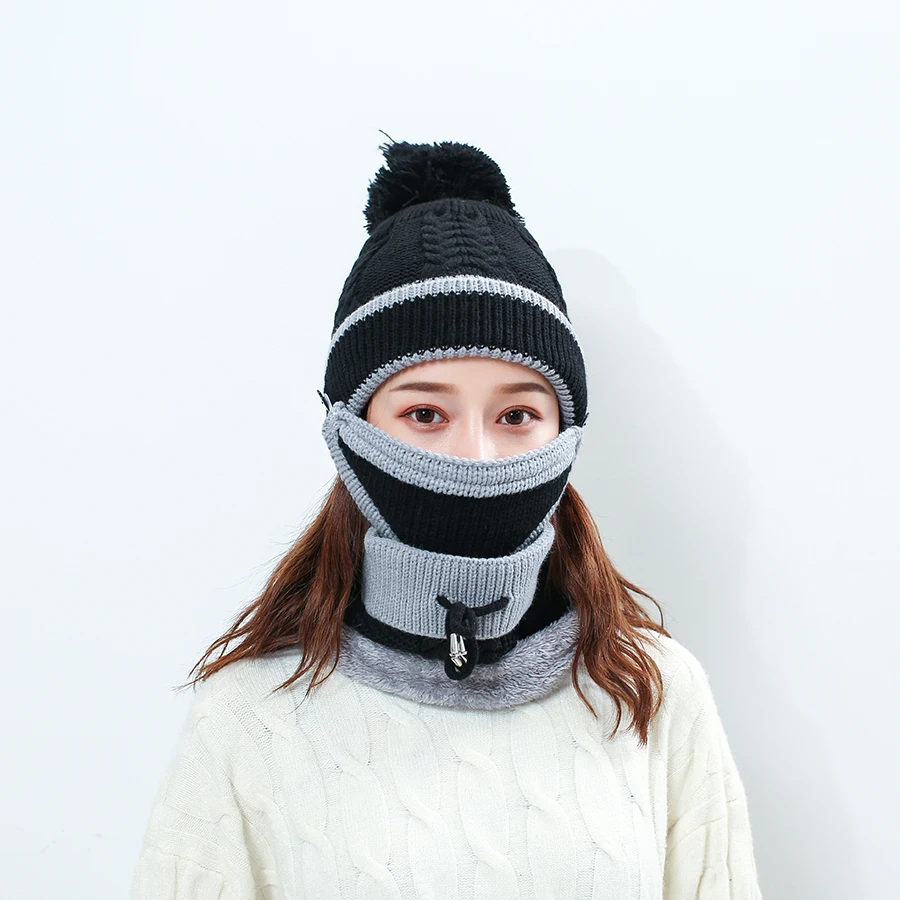 

Зимняя женская вязаная шерстяная теплая шапка, шапки, воротник, комплект из трех предметов, шапка для водителя, шарф, маска, набор для женщин