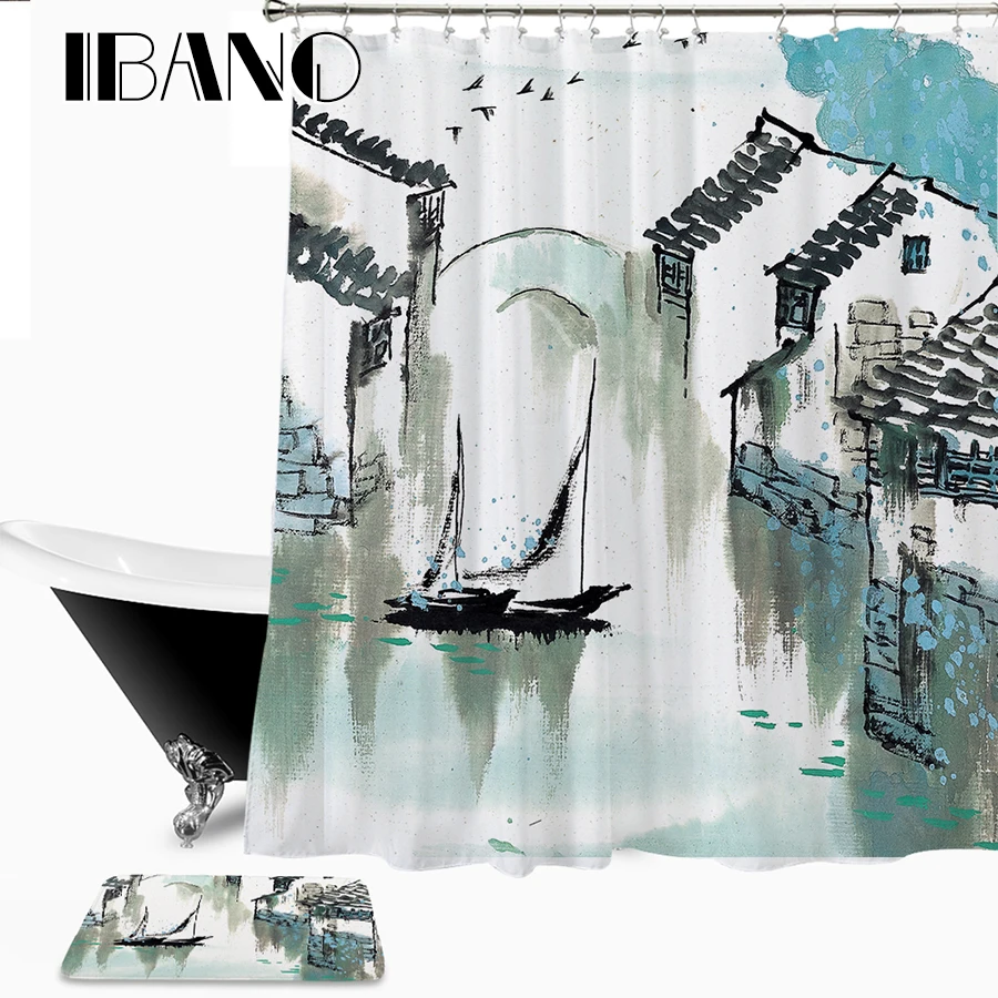 

Chinese Painting Shower Curtain Waterproof Polyester Fabric 180x180cm Shower Curtain And 40x60cm Bath Floor Rug For The Bathroom
