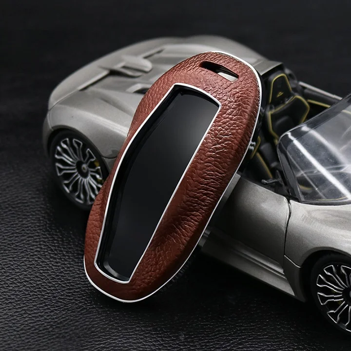 Brown Верхний слой кожа+ ABS пульт дистанционного ключа автомобиля чехол для Tesla модель S модель s брелок аксессуары - Название цвета: Brown
