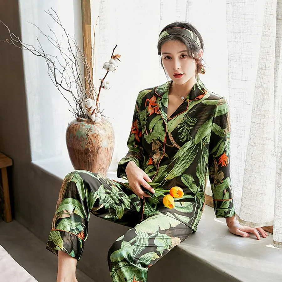 Printed Leaf Pajama Set Green Silk Stain Pijama Set Pants Set Lingerie Kimono Underwear Pyjamas Women Pajamas Sexy Lingerie