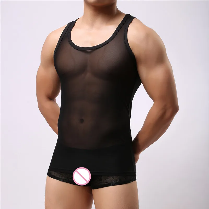 Black(Only Tops) Тонкая мужская майка, майка, быстросохнущая, Прозрачный нейлон, летние футболки, сетка, Мужская майка, без рукавов, одежда для сна, нижнее белье - Цвет: Black(Only Tops)