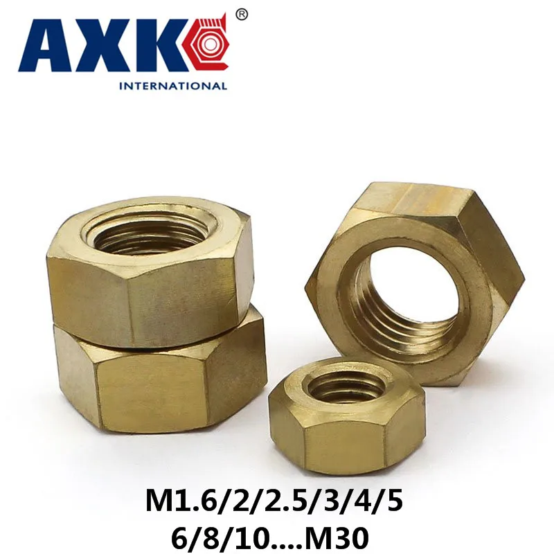 Axk 30 шт Медная гайка/медная Шестигранная гайка/Латунная гайка M1.6/2/2.5/3/4/5/6/8/10 .... m30