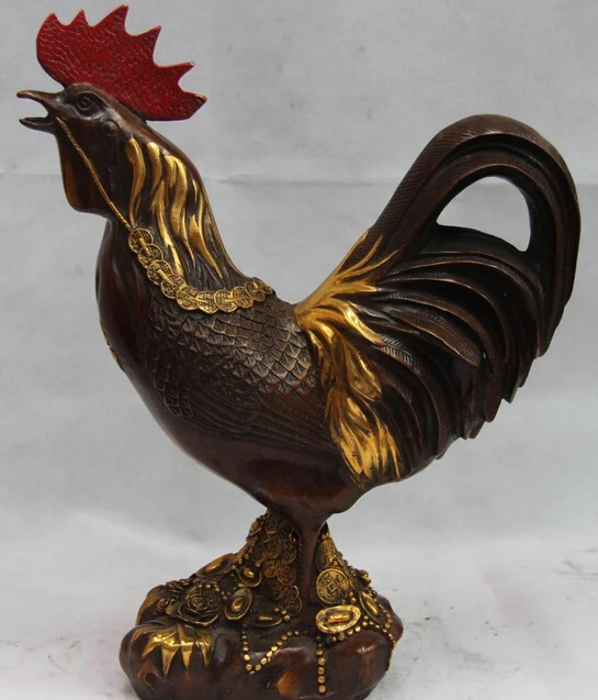 

wholesale factory 17 Folk Copper Bronze Gild FengShui Lucky Wealth cock rooster Chanticleer Statue