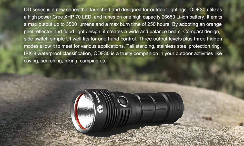 Светильник с подсветкой ODF30C, usb зарядка, вспышка, светильник CREE XHP 70,2, Макс., 3500 люмен, тактический фонарь, дальность луча 280 м, 5 режимов работы, светильник