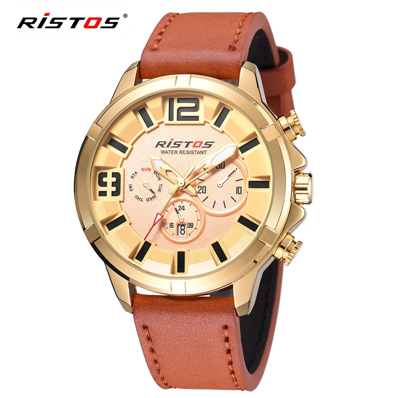 RISTOS CasualLeather часы для мужчин спортивные водостойкие Дата Аналоговый кварцевые