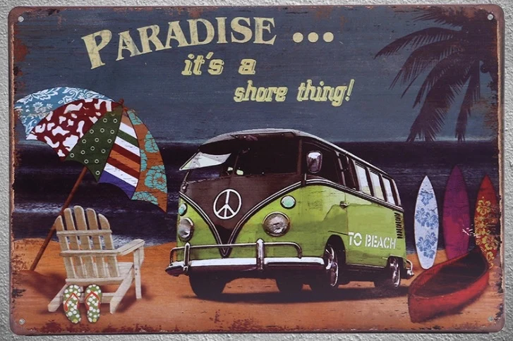 

1 pc Van Summer vacation surfing island sea Beach Paradise ocean Tin Plates Signs wall Shop Decoration Art Poster metal vintage