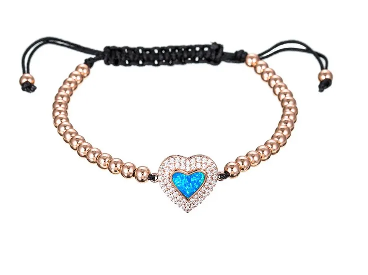 gold silver rose gold micro pave Cubic Zirconia cz zircon rope adjusted Macrame Opal bracelet xy434 heart Braided  Bangles