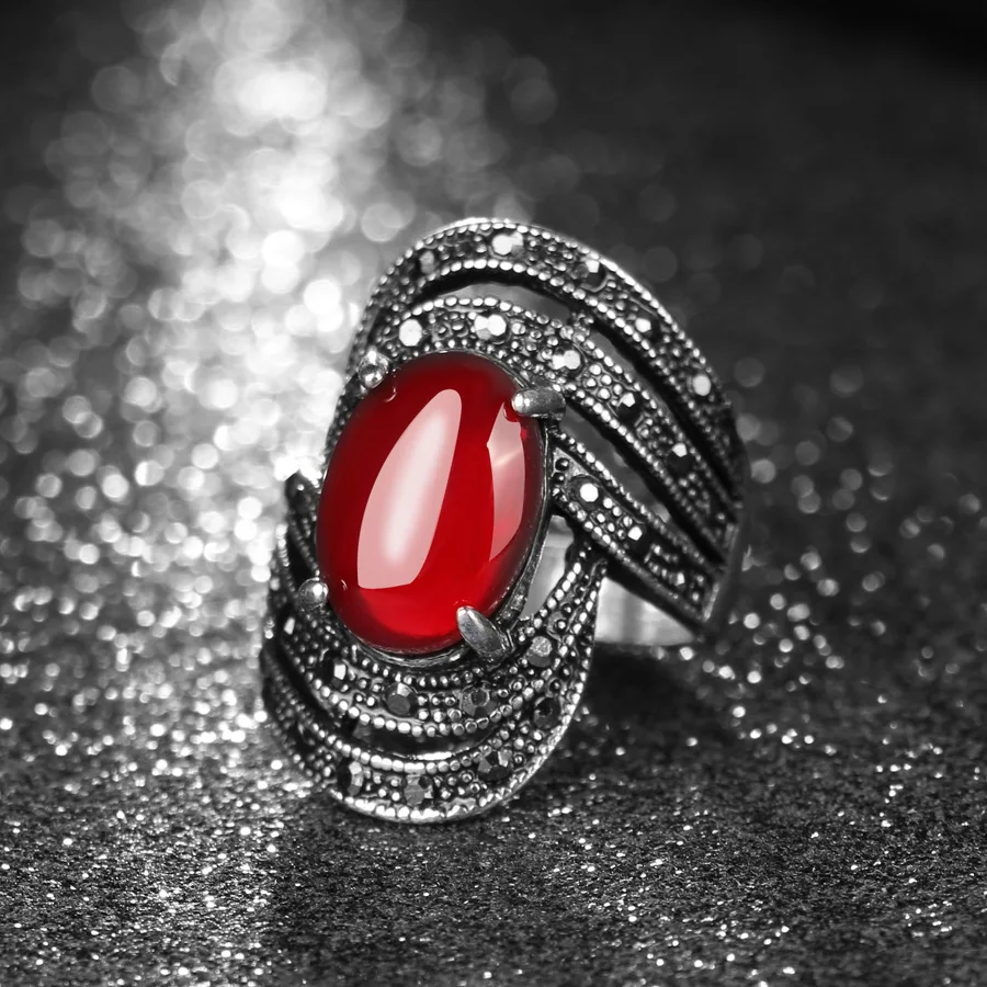 Vintage Black Crystal Opals Rings Women Retro silver color jewelry Ring punk Bijoux anel masculino bague femme Bulgaria rings | Украшения и