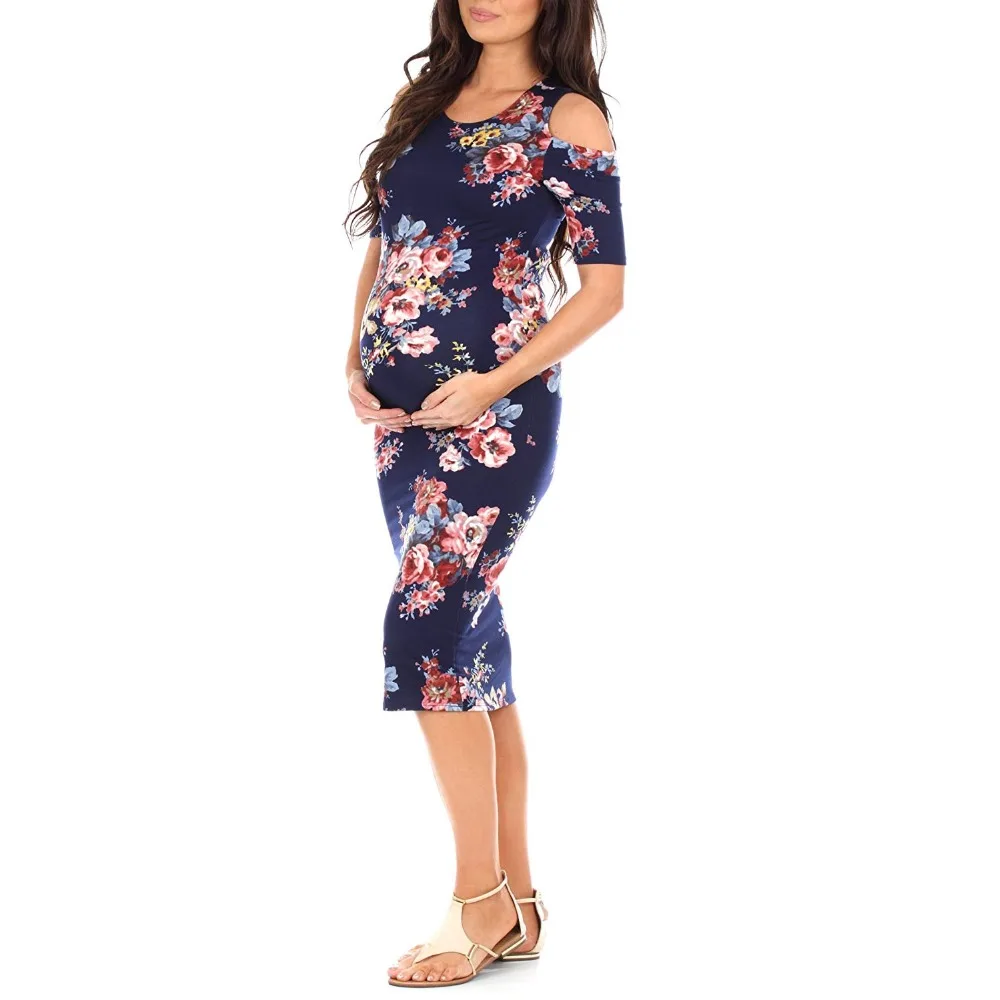 

Women's Cold Shoulder Fitted Maternity Dress Floral print elegant short sleeve dresses for pregnancy woman maternity clothes