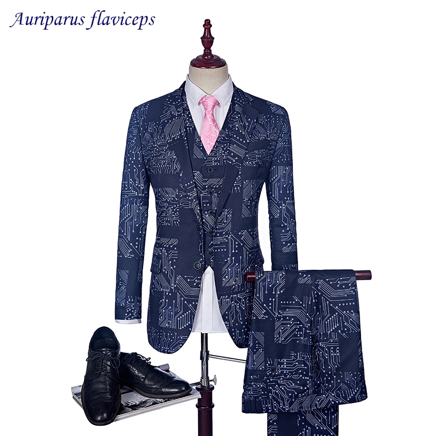 

3 Pieces Suit Blue Slim Fit Suits For Men Circuit board pattern Stage Wear Vintage Wedding Mens Skinny Suit (Blazer+Vest+Pant)