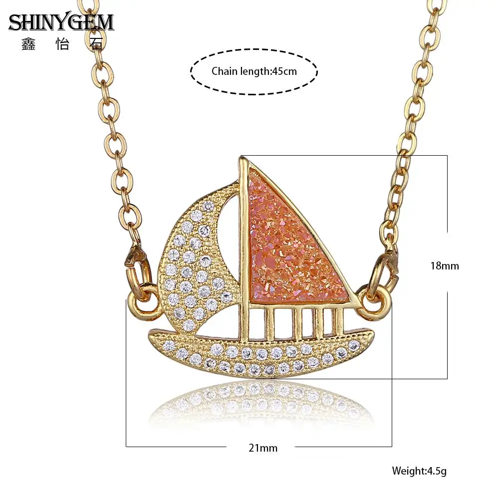 ShinyGem Lucky Sailboat Pendants Necklace AAA White Zircon Natural Crystal Druzy Necklaces Fashion Gold Gifts For Women | Украшения и