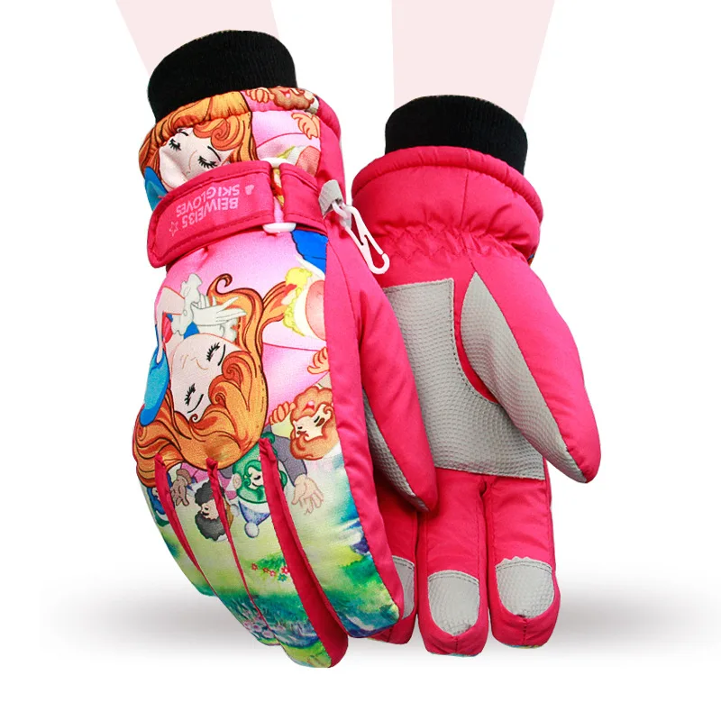 

Cute Princess Snowmobile Ski Gloves for kids Winter Snow Warm Skiing Snowboard Gloves girls boys luvas waterproof Schneewittchen