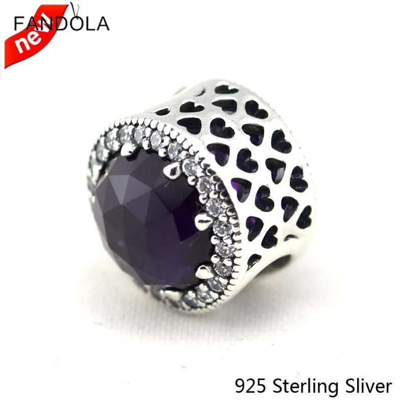 925 Sterling Silver Radiant Hearts Charm Royal Purple Crystal Clear CZ Fits Women Bracelets Jewelry | Украшения и аксессуары