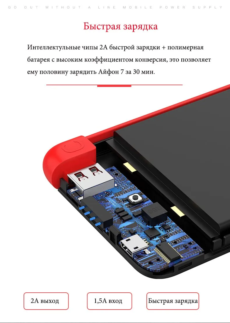 Yoobao S5K 5000mAh повербанк со встроенным сьёмным кабелем внешний аккумулятор ультратонкий пауэрбанк портативное зарядное устройство для телефонов