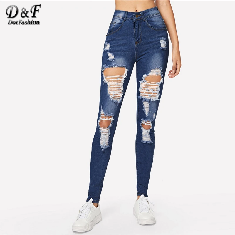 Dotfashion, синие, рваные, Выбеленные, обтягивающие джинсы для женщин,, весна-лето, повседневные штаны, джинсы, женские, корейский стиль, брюки