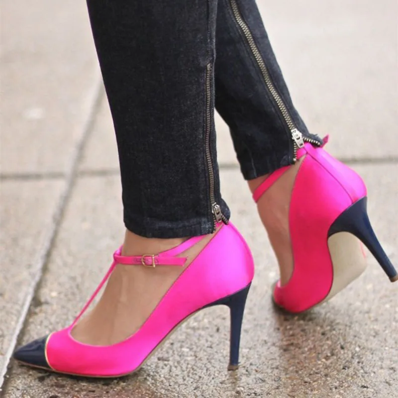 

Hot Pink and Navy T Strap Heels Pumps Spring Autumn Cyber Monday Attractive Incomparable Generous Fashion FSJ Elegant Sexy
