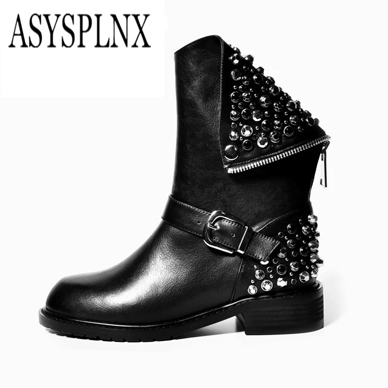Asysplnxbrand 2018 кожа черного цвета с круглым носком со стразами женские Martin Ботинки до