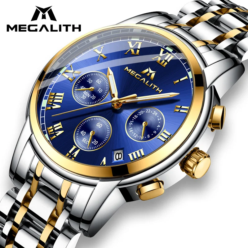 

MEGALITH Luxury Luminous Watches Men Waterproof Stainless Steel Analogue Wrist Watch Chronograph Date Quartz Watch Montre Homme