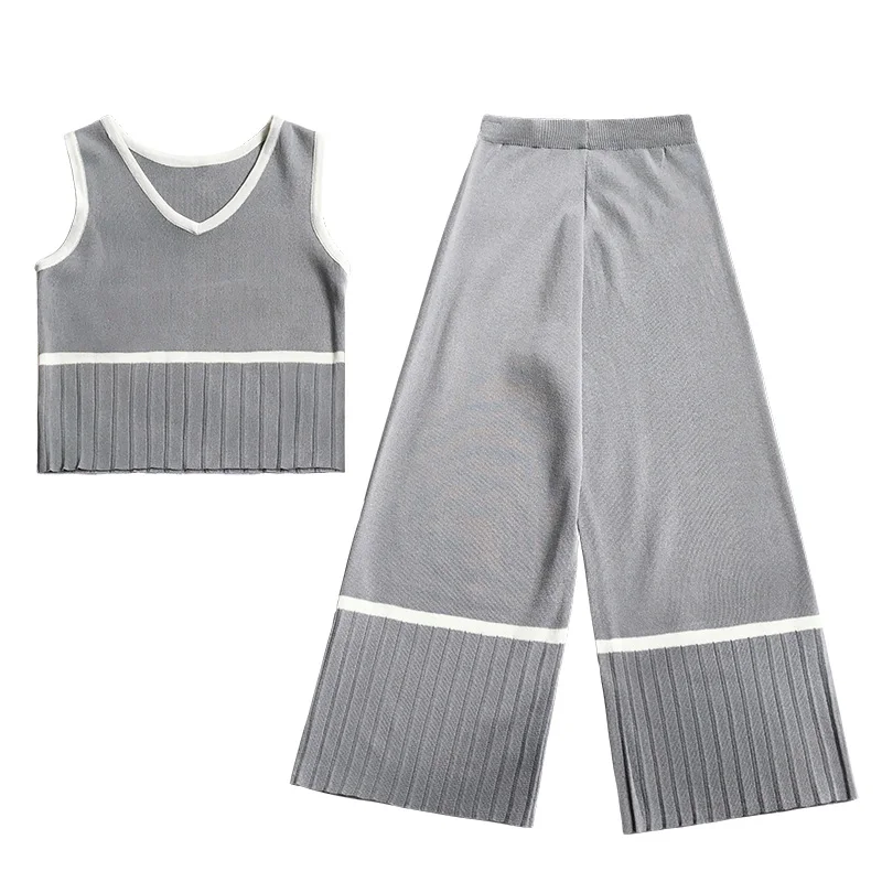2019 summer female korean fashion sleeve sling knitted top tank suit set + women wide leg pants mid calf length 2pcs se393 |