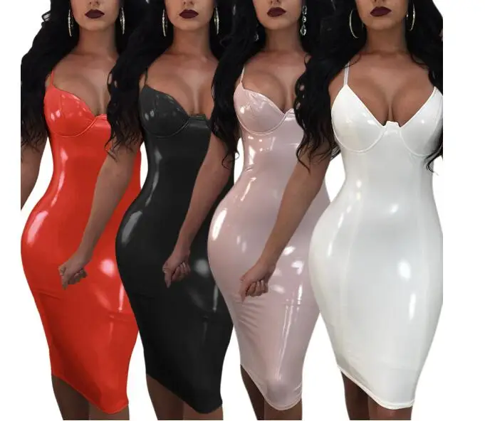 

PU Faux Leather Sexy Bandage Strapless Pencil Dress Club Wear Deep V Neck Soild Color Fitted Dress Pink White Black