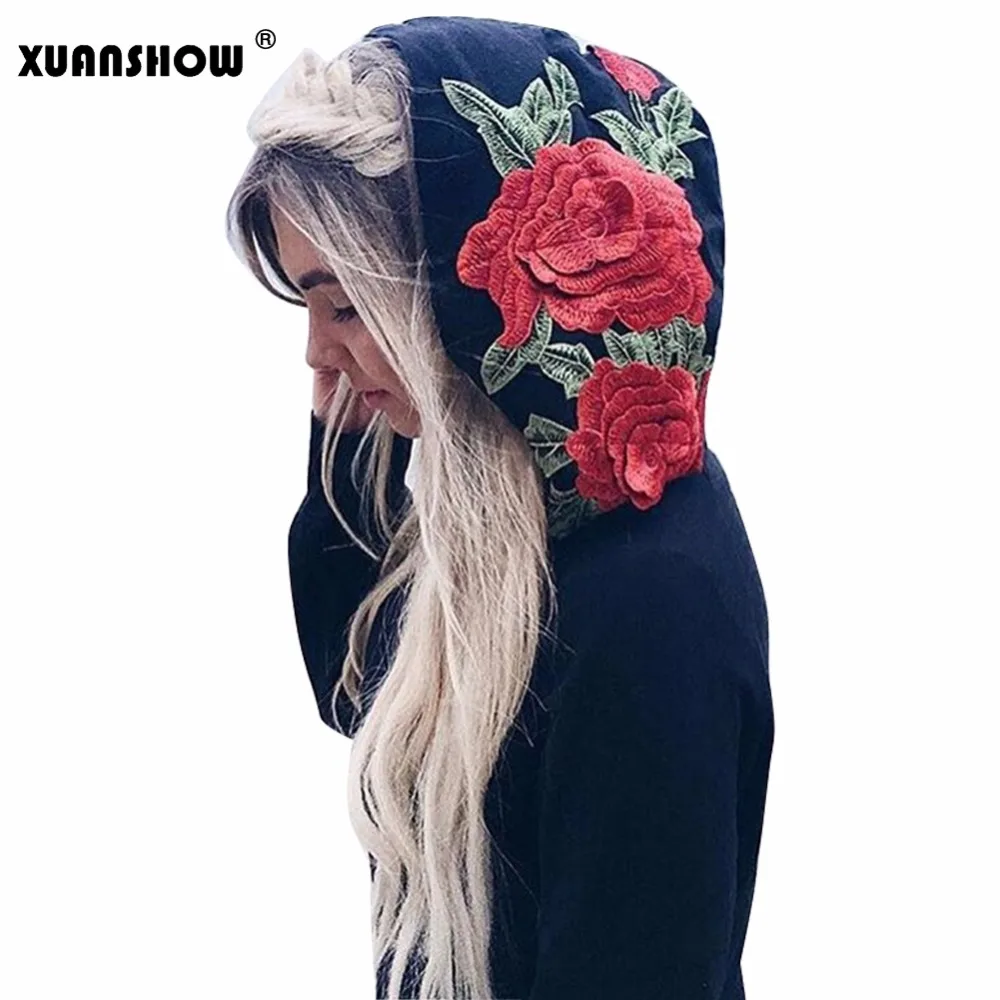 XUANSHOW модные толстовки женские осенние цветочные Вышитые с капюшоном черные