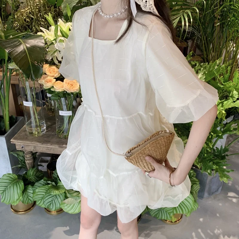 Шикарное корейское милое летнее Мини Платье женское с буфами рукав пэчворк сетка