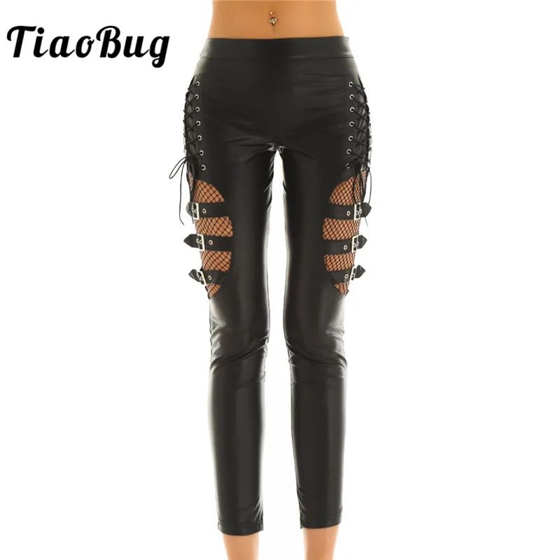 Женские облегающие длинные брюки TiaoBug черные сетчатые из искусственной кожи в